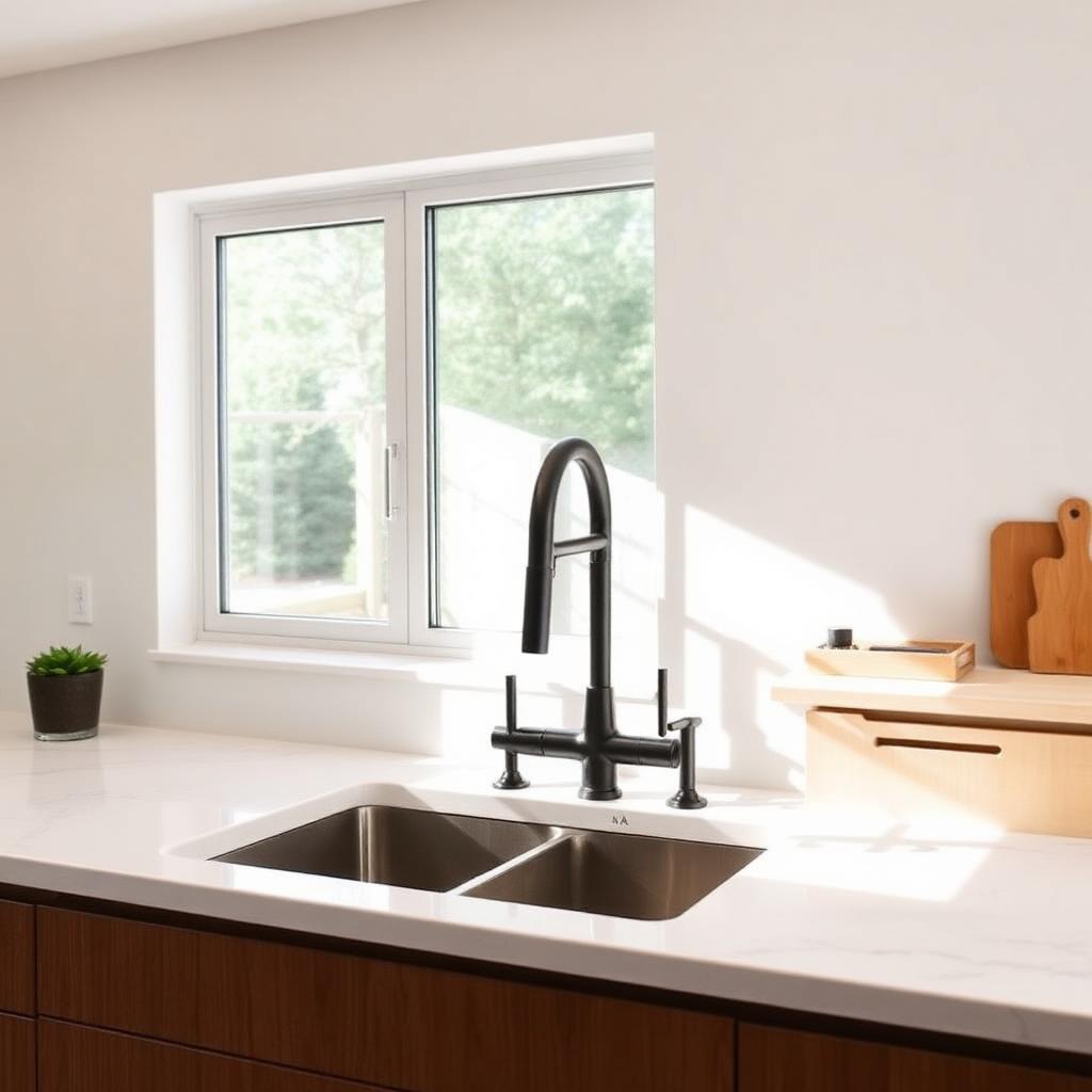 Modern kitchen sink with matte black faucet